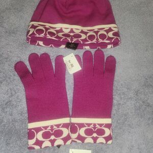 Coach Women's Pink and White Gloves and Beanie